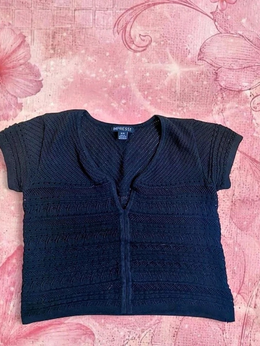 IMPRESS! Black Knit Short Sleeve Top Size Medium